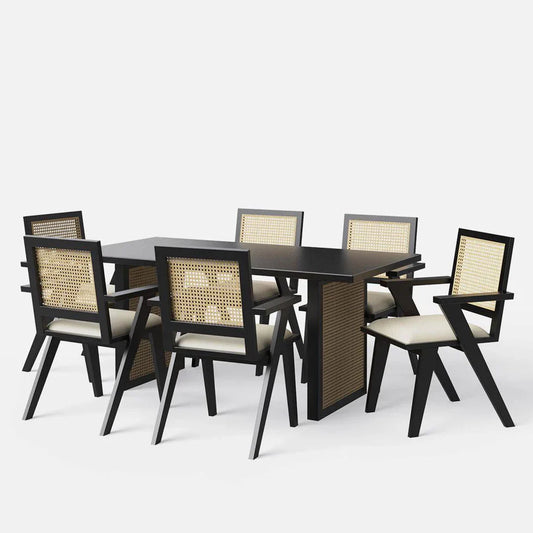 Black Luxury Dining Table Set with Flora Cane Chair - 6 Seater