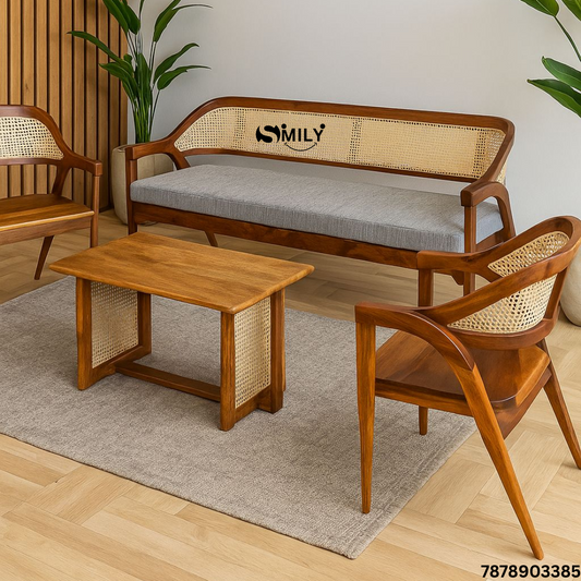 Wooden Rattan Sofa, 2 Chair and Coffee Table