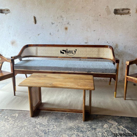 Wooden Rattan Sofa, 2 Chair and Coffee Table