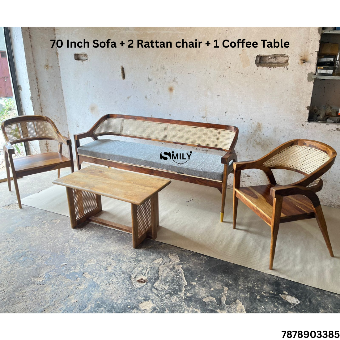 Wooden Rattan Sofa, 2 Chair and Coffee Table