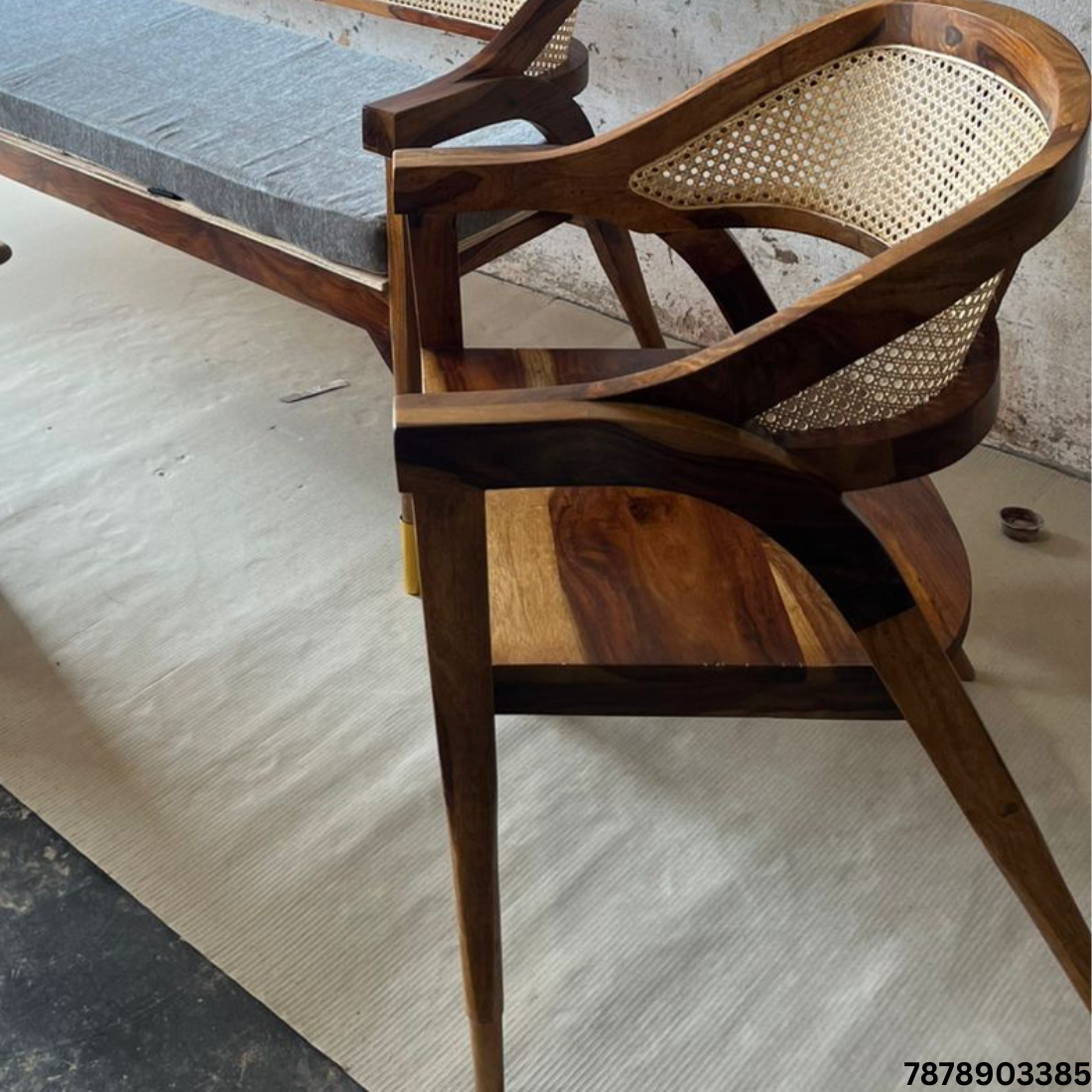 Wooden Rattan Sofa, 2 Chair and Coffee Table