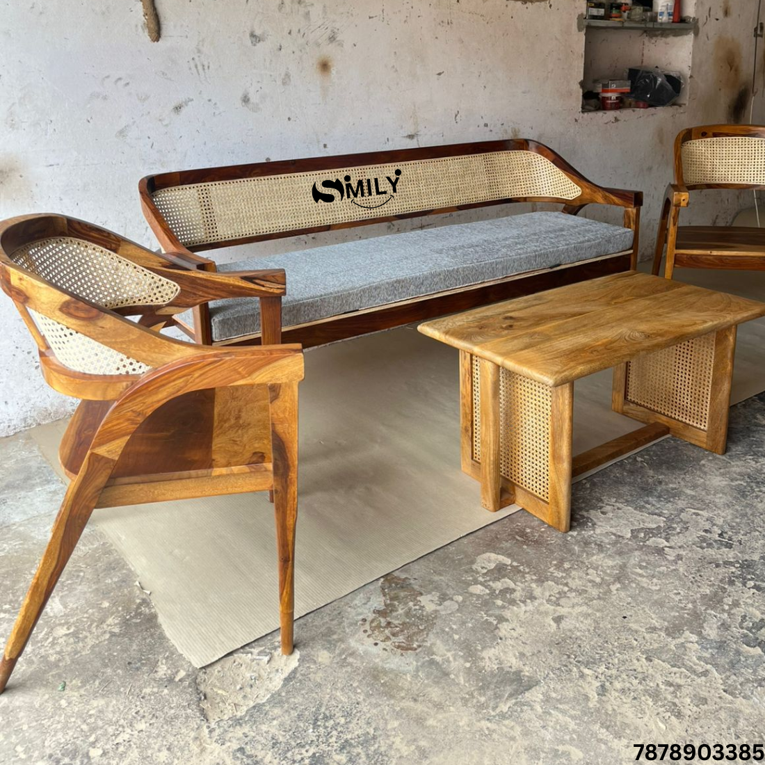 Wooden Rattan Sofa, 2 Chair and Coffee Table