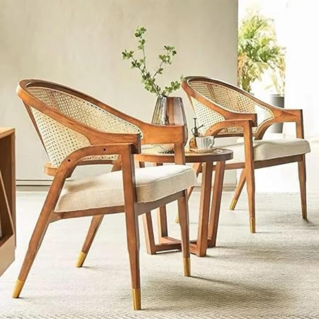 Smily Cart Solid Wooden Chair Rattan Arm Chair for Living Room