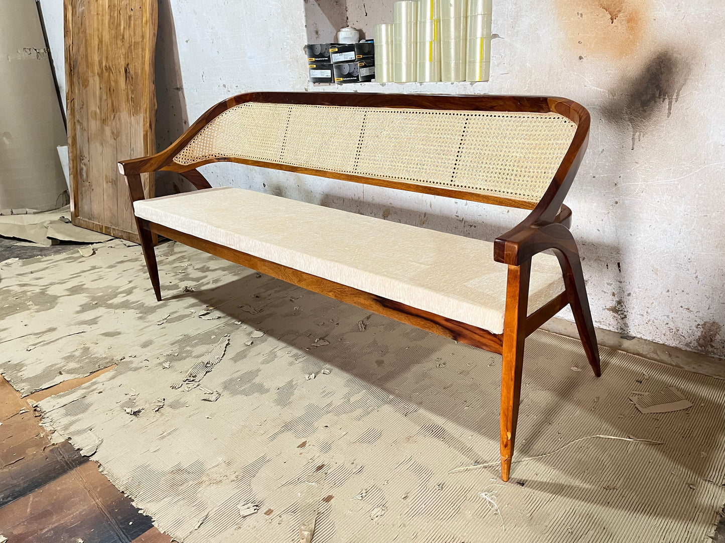 Sheesham Wood Dinning Set with 4 Rattan Chair and Rattan Bench
