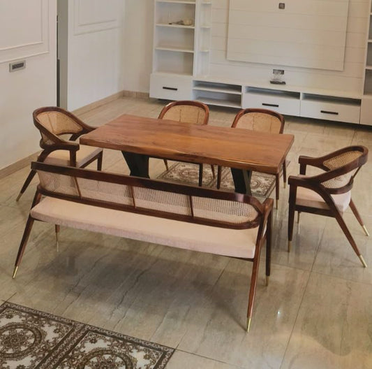 Sheesham Wood Dinning Set with 4 Rattan Chair and Rattan Bench
