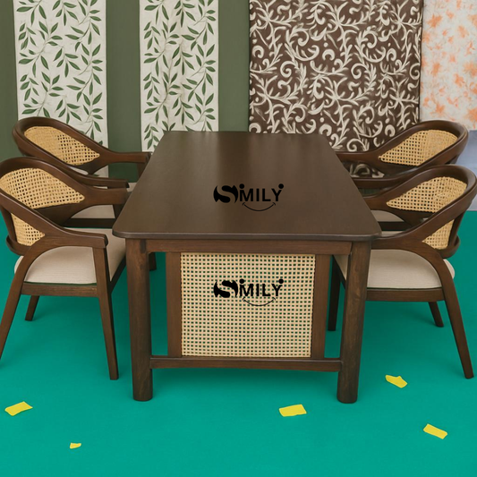 Solid Wood Rattan Dinning Table with Rattan Chairs