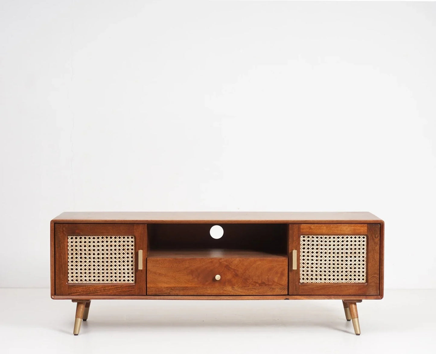 Smily Cart Solid Wood Rattan Cane Tv Cabinet - Brown Finish