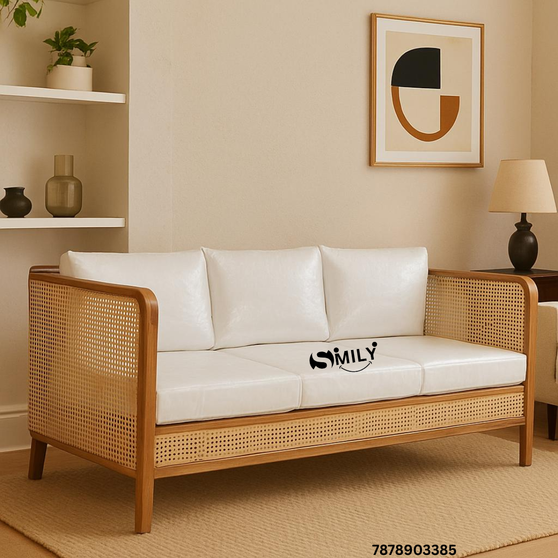 Solid Sheesham Wood Rattan / Cane Sofa with Cushion - Ravi