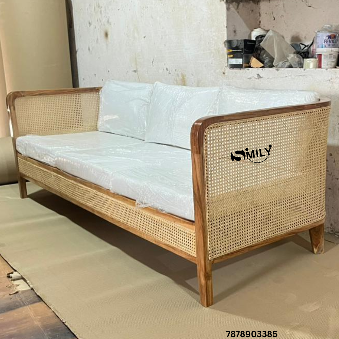 Solid Sheesham Wood Rattan / Cane Sofa with Cushion - Ravi