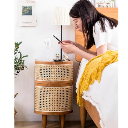 Wooden Rattan Bedside Table with Drawers