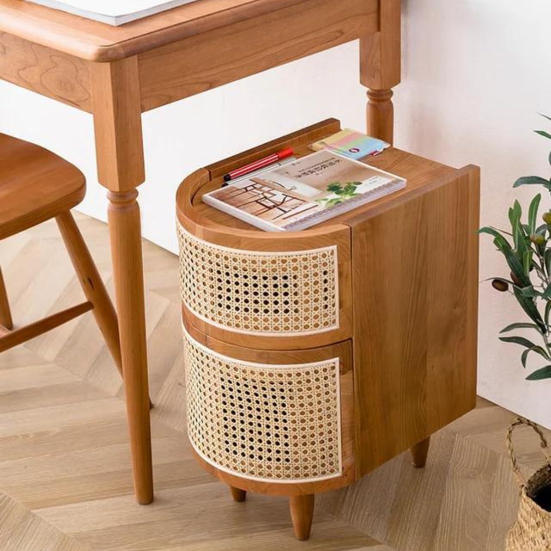 Wooden Rattan Bedside Table with Drawers