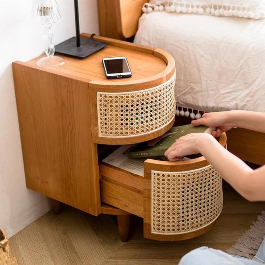 Wooden Rattan Bedside Table with Drawers