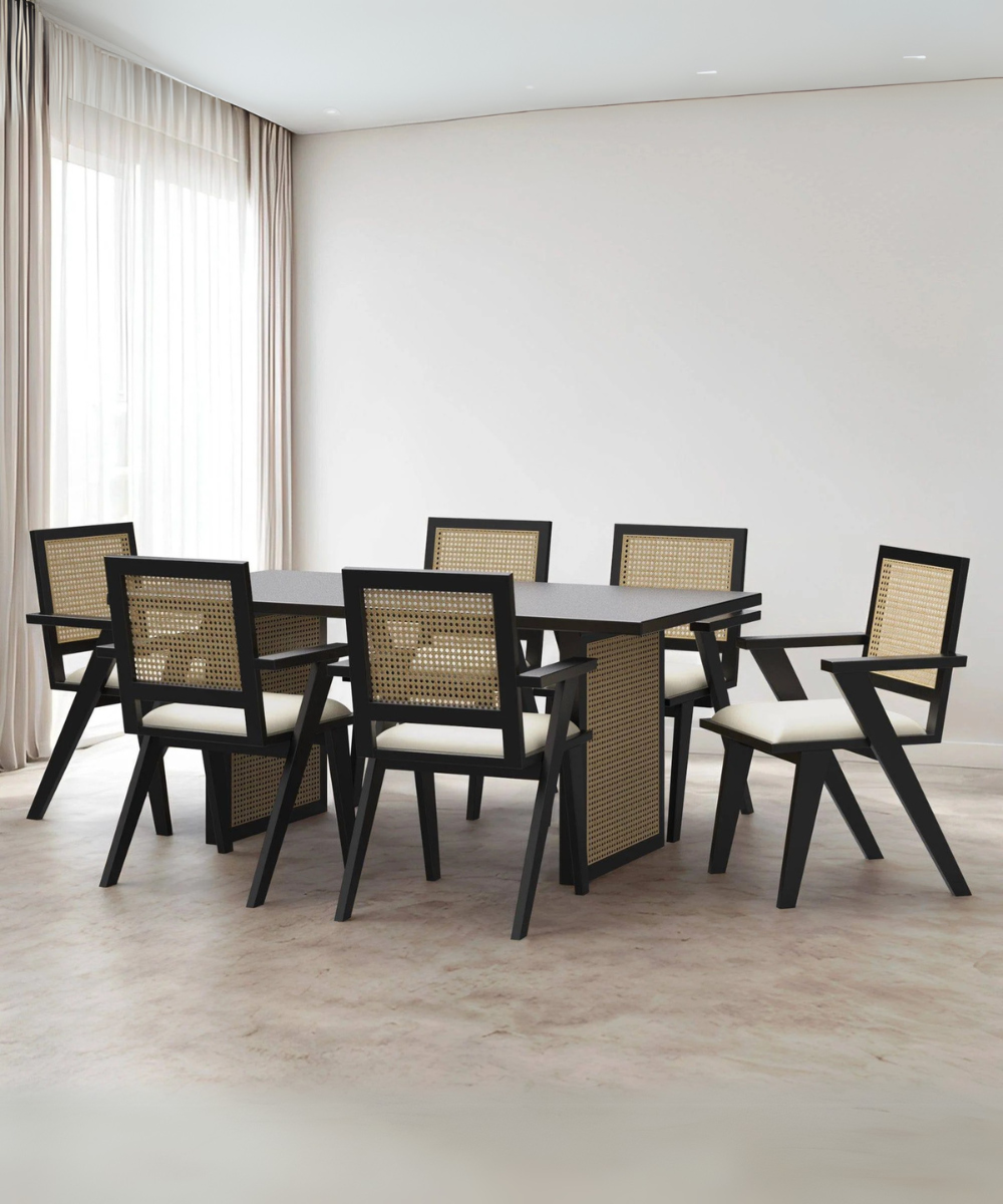 Black Luxury Dining Table Set with Flora Cane Chair - 6 Seater