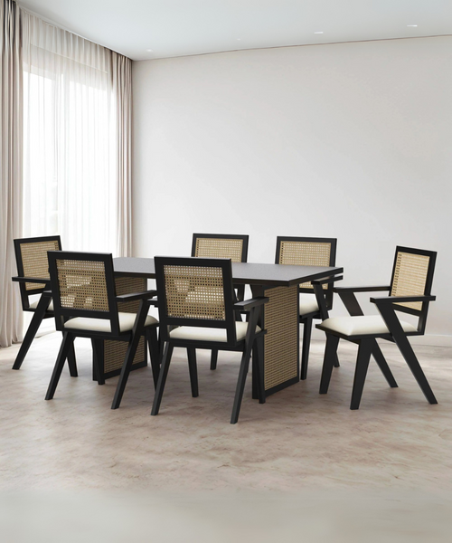 Black Luxury Dining Table Set with Flora Cane Chair - 6 Seater