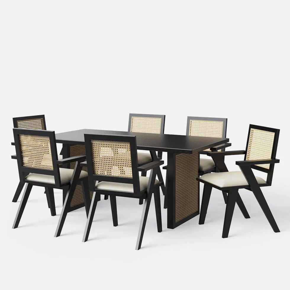 Black Luxury Dining Table Set with Flora Cane Chair - 6 Seater