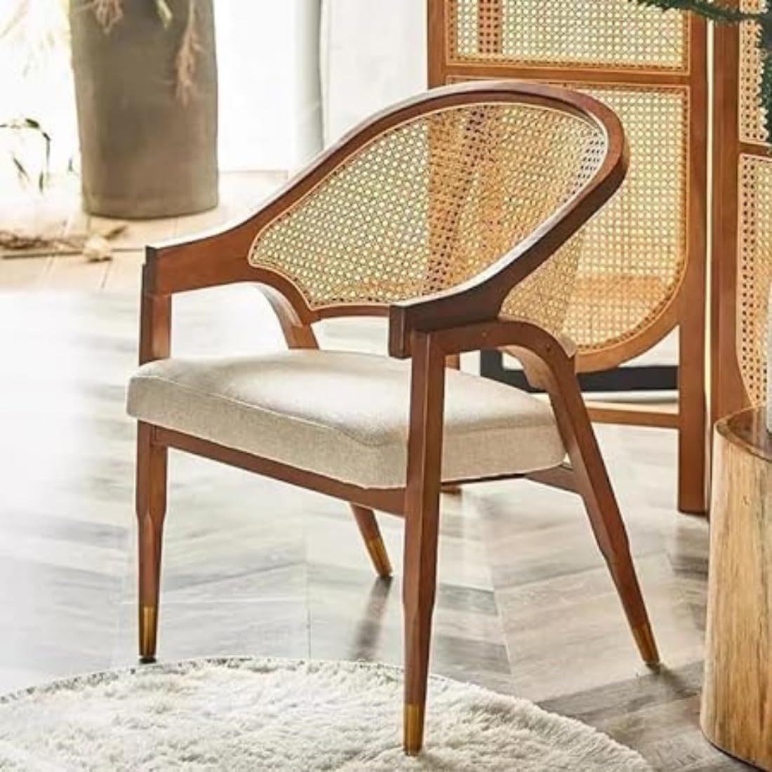 Smily Cart Solid Wooden Chair Rattan Arm Chair for Living Room