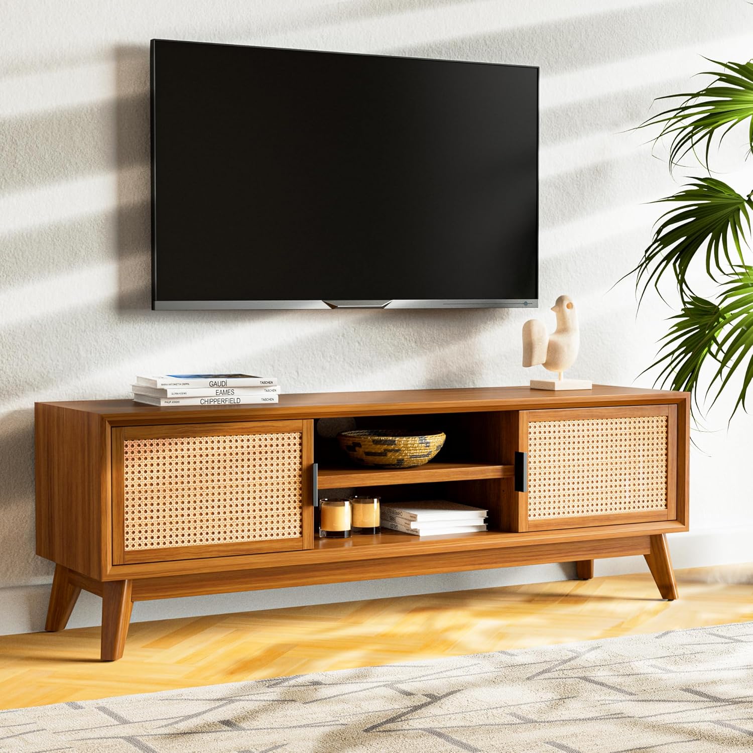 Solid Wood Rattan TV Unit for Living Room - Stylish & Functional Storage Solution