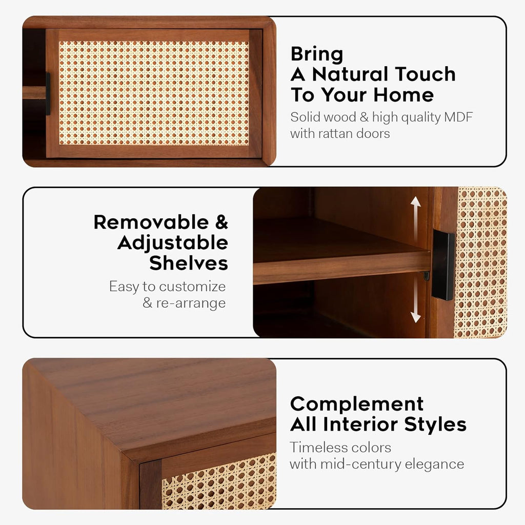 Solid Wood Rattan TV Unit for Living Room - Stylish & Functional Storage Solution