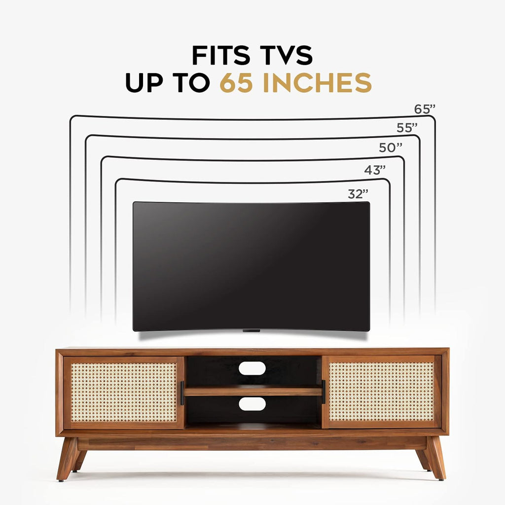 Solid Wood Rattan TV Unit for Living Room - Stylish & Functional Storage Solution