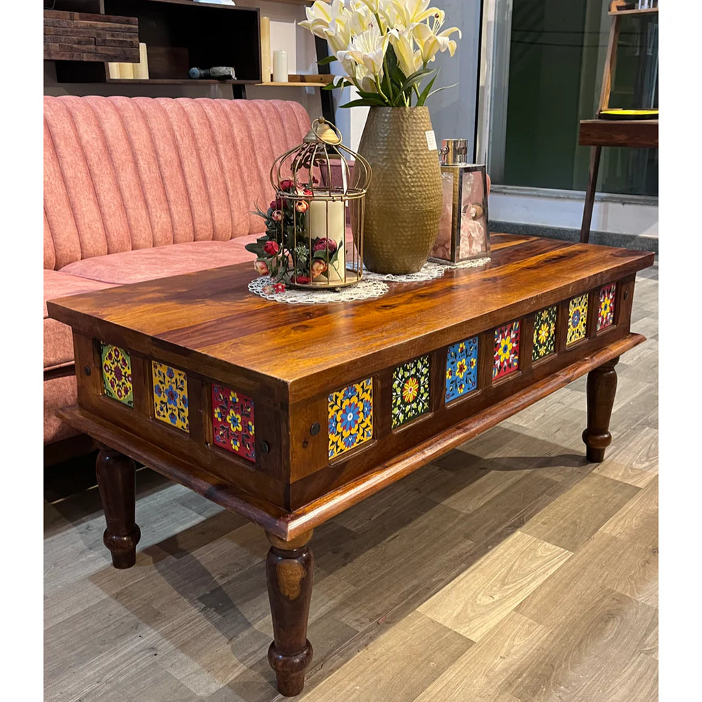 Wood Coffee Table with Ceramic Tiles