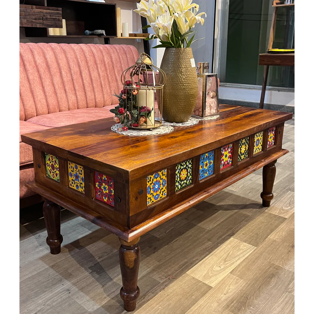 Wood Coffee Table with Ceramic Tiles