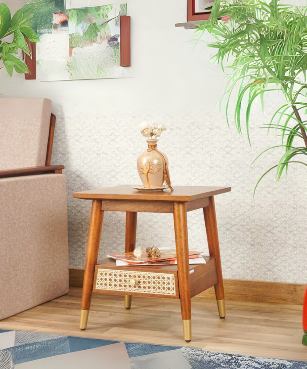 Solid wood rattan side table with one drawer - Brown Finish