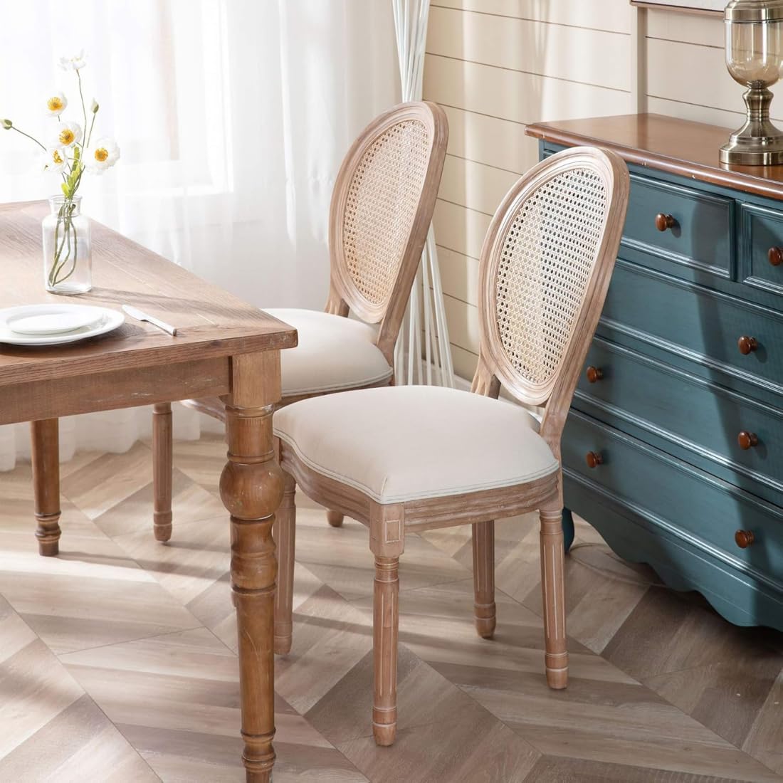 Wooden Dining Room Chairs, French Cane Round, with Round Back - Smily Cart