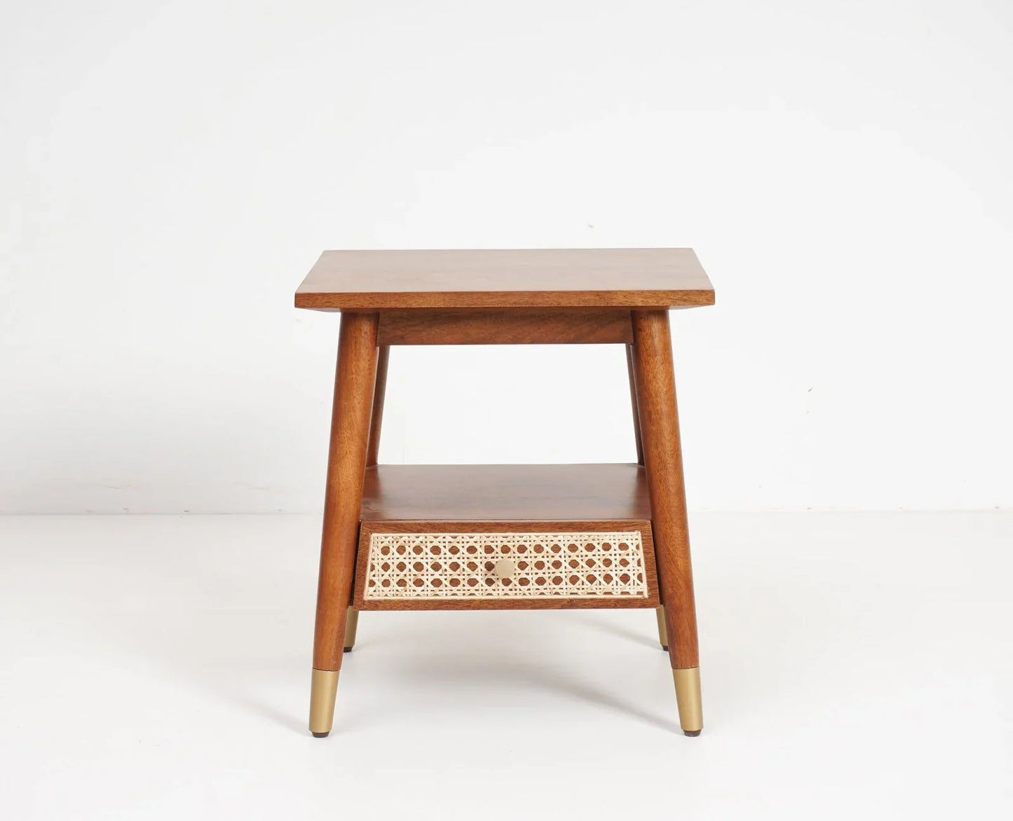 Solid wood rattan side table with one drawer - Brown Finish