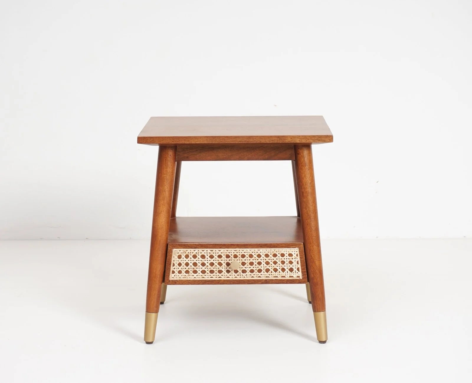 Solid wood rattan side table with one drawer - Brown Finish