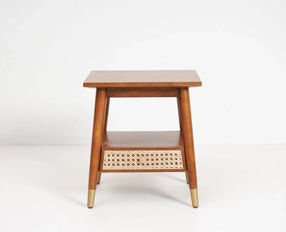 Solid wood rattan side table with one drawer - Brown Finish