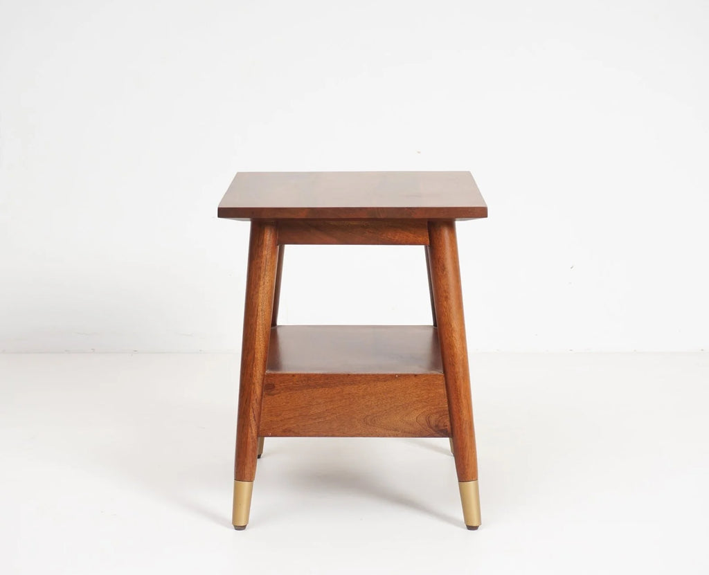 Solid wood rattan side table with one drawer - Brown Finish