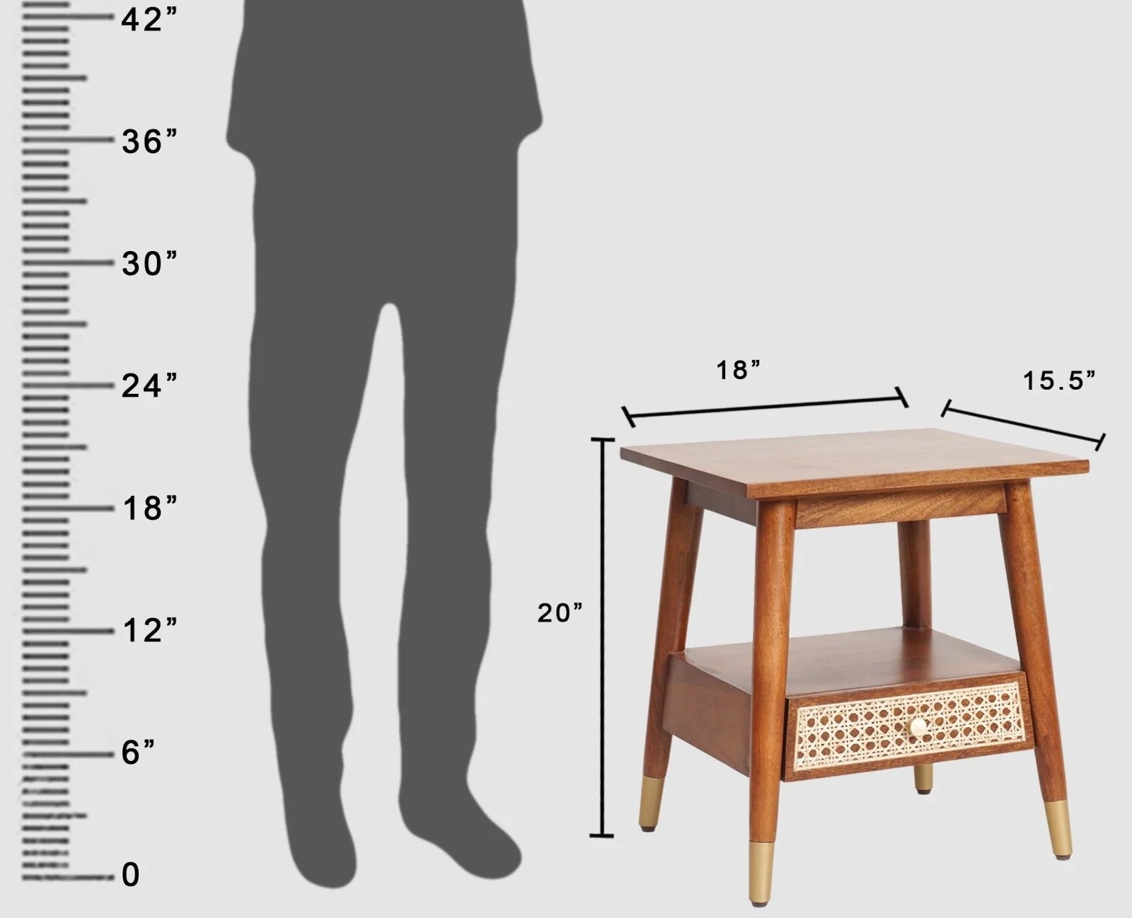 Solid wood rattan side table with one drawer - Brown Finish