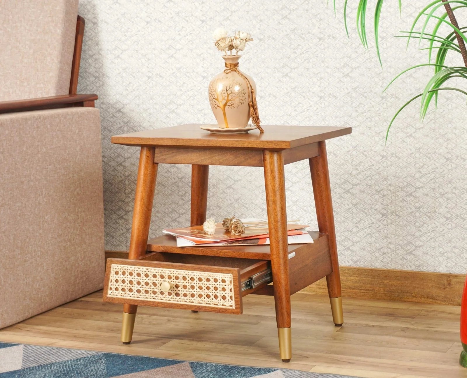 Solid wood rattan side table with one drawer - Brown Finish