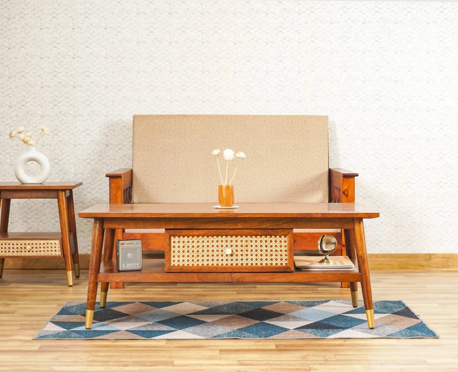 Smily Cart Solid Wood Rattan Coffee Table