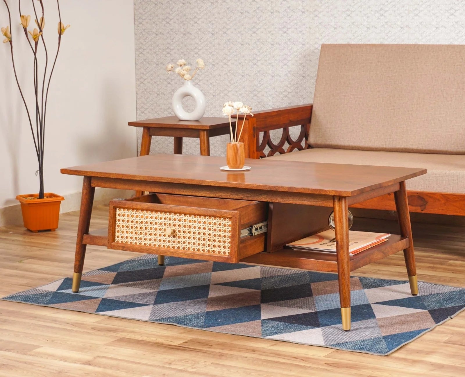Smily Cart Solid Wood Rattan Coffee Table