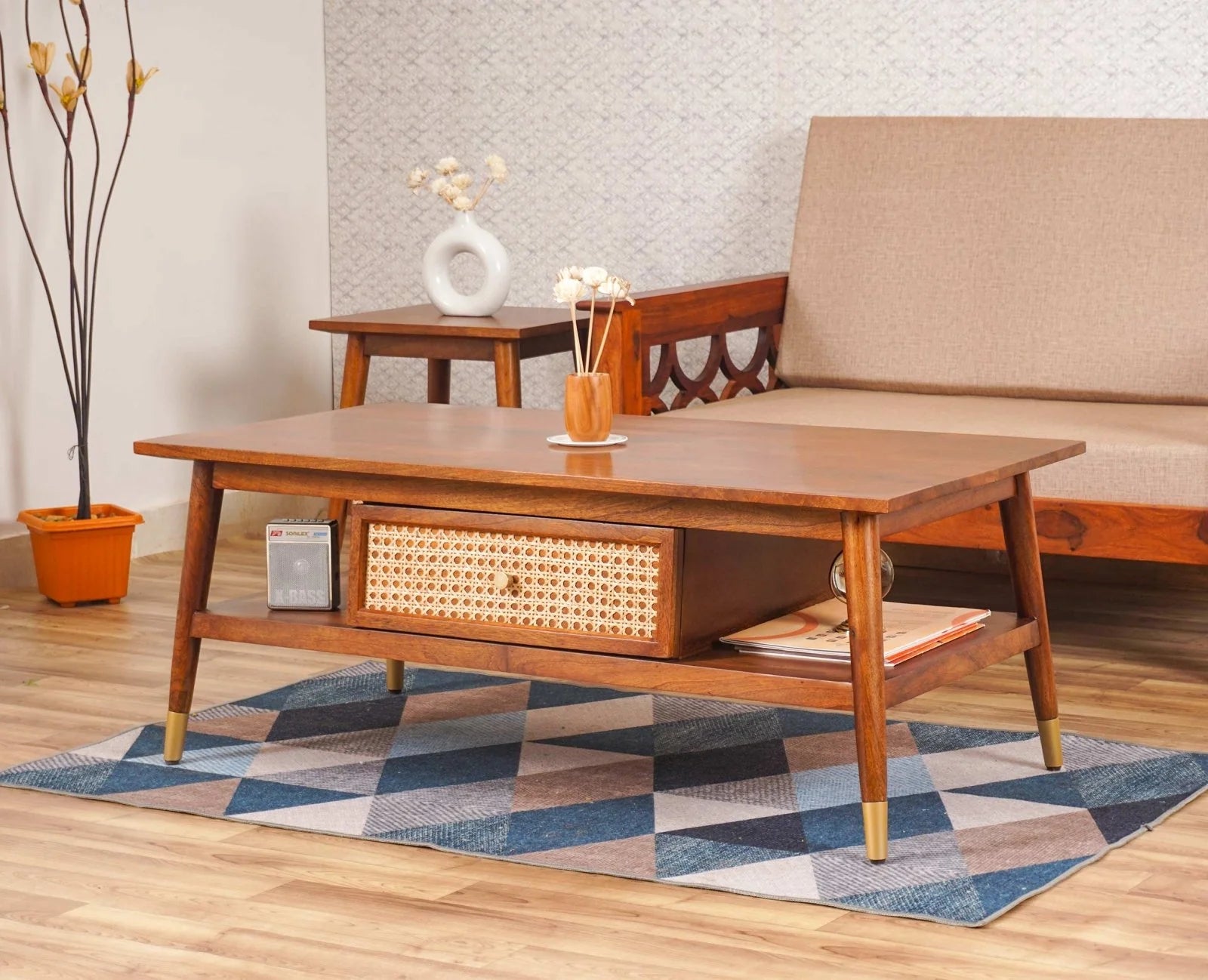 Smily Cart Solid Wood Rattan Coffee Table