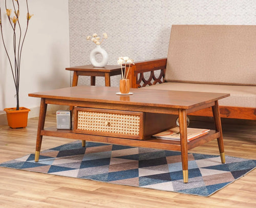 Smily Cart Solid Wood Rattan Coffee Table