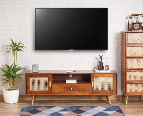 Smily Cart Solid Wood Rattan Cane Tv Cabinet - Brown Finish