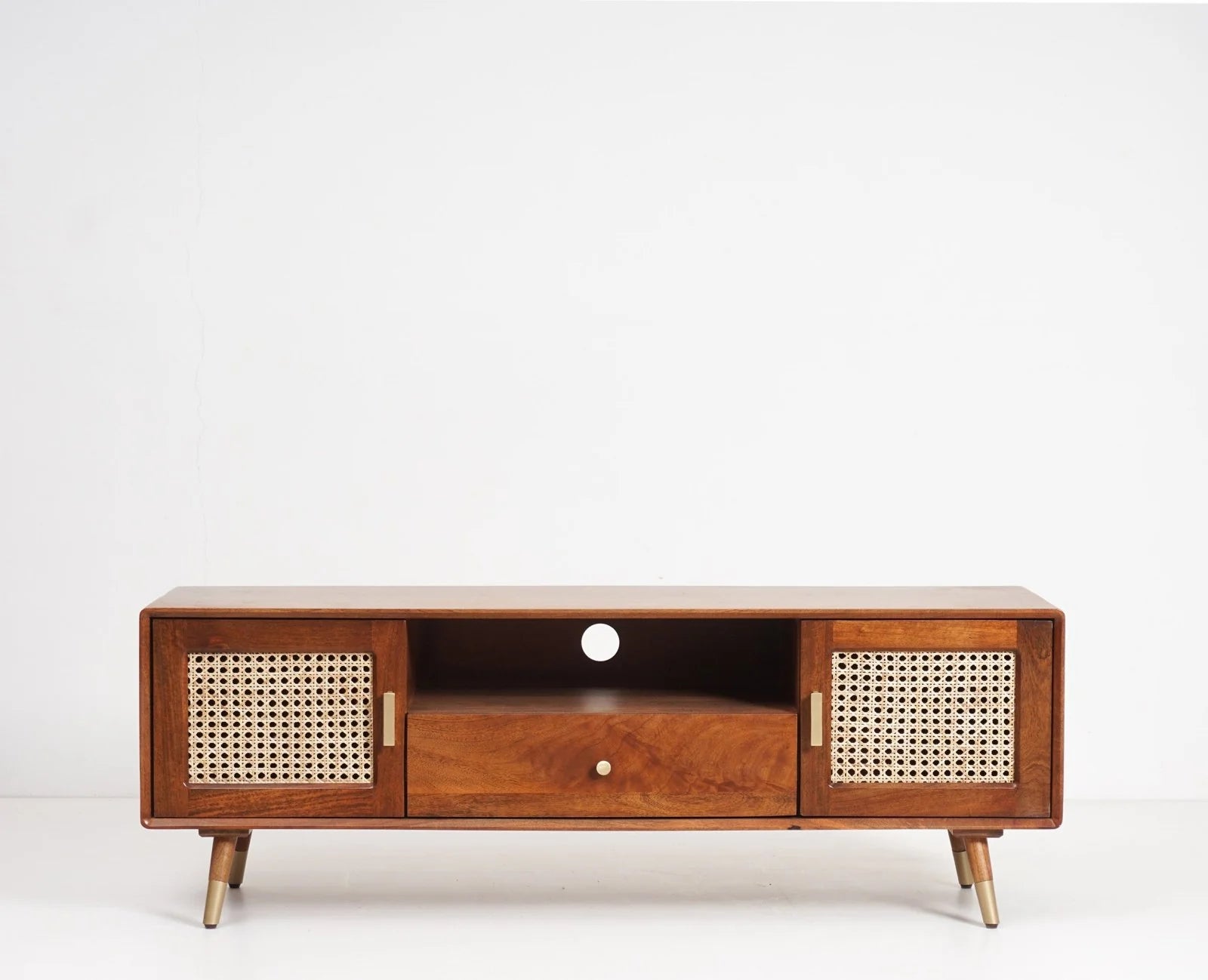 Smily Cart Solid Wood Rattan Cane Tv Cabinet - Brown Finish