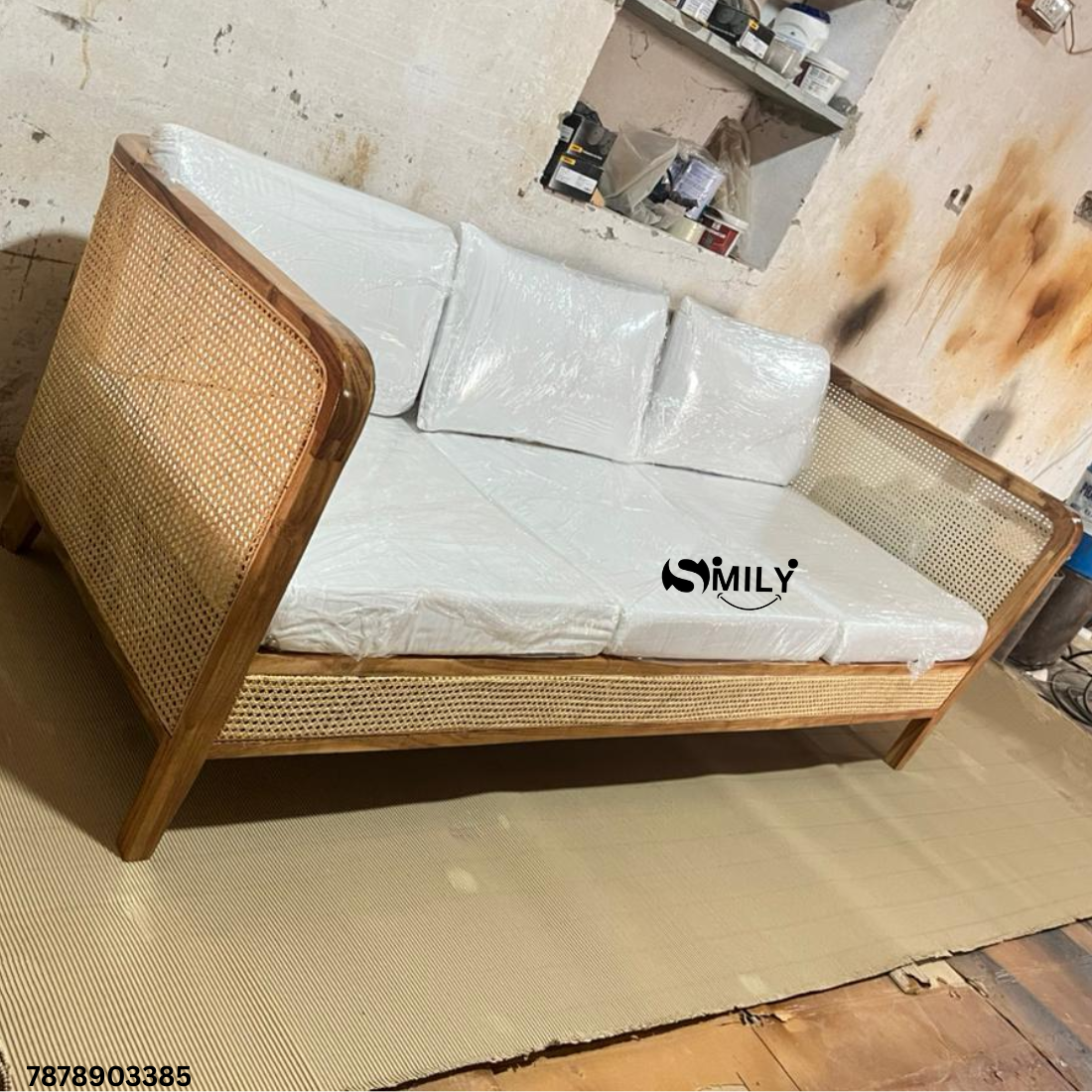 Solid Sheesham Wood Rattan / Cane Sofa with Cushion - Ravi